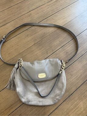 Michael Kors Taupe Suede & Leather Crossbody with Tassel